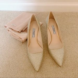 Prada Gold Glitter Kitten Heel Pumps